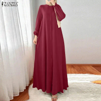 Đầm maxi dài dáng chữ A xếp ly trơn tay dài cổ tròn phong cách Hồi giáo dành cho phụ nữ ZANZEA