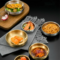 304不銹鋼韓式碗雙層米飯碗金色泡菜碟拉絲小碟小碗隔熱防燙湯碗