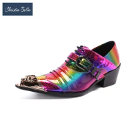 Fashion Multicolor Metal Pointed Toe Mid Heel Shoes Nightclub Party Evening Shoes Big Size Real Leather Monk Strap Formal Shoes