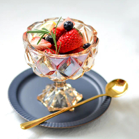 【日日好事】鑽石水晶琥珀聖代杯 水果杯 聖代 冰淇淋杯(復古琥珀浮雕高腳杯)