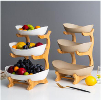 創意三層多層水果盤歐式陶瓷干果盤竹木架家用零食盤糖果托盤果籃