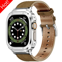 Metal Case+Genuine Leather Strap for Apple Watch Band Ultra 2 49mm 44mm 45mm 41mm 40mm Luxury Modification Kit IWatch 9 8 7 6 SE