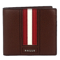 BALLY TRASAI品牌字樣經典紅白條紋咖啡色皮革短夾(8卡)