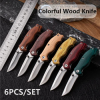 6PCS/SET Colorful Wood MINI Folding Knife 58HRC Outdoor Self-Defense Knife EDC Self-Defense Tool CS GO Portable Fruit Knife