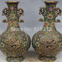 bi001334 Royal Chinese Palace Cloisonne 100% Bronze Fly Dragon Statue Flask Pot Vase Pair