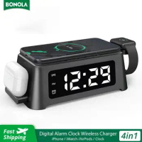 Bonola 15W Qi Alarm Clock Wireless Charger Pad for Apple/iPhone 12 11 XS XR 8 Plus Charger for Apple Watch 6 5 4/Airpods 2/Pro