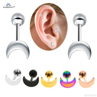 2 Pcs/Lot 16G Post 1.0x 6mm Moon Helix Piercing Moon Earring Cartilage Surgical Steel Tragus Piercing Ear Stud Earrings Ball End