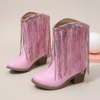 New Girls Y2k Short Boots Tassels Elegant Dance Performance Princess Kids Shoes Pu Silver European And American Style Booties