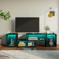 TV Stand, Deformable TV Stand with LED Strip &amp; Power Outlets, Modern Entertainment Center for 45/50/55/60/65/70 inch TVs