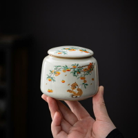 柿柿如意貓咪米黃汝窯陶瓷茶葉罐小號龍井茶葉包裝密封罐定制logo