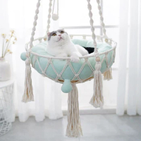 （Without cushion）Hanging Cat Hammock Bed, Cat Boho Handwoven Round Cat Swing Bed Funny Cat Toy Gifts For Indoor Cats Kittens