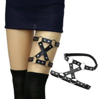 EagleKu New Punk Rivets Garter Belt Metal Leg Ring Garter PU Leather Leg Belt Double Row Suspender Elastic Leg Ring