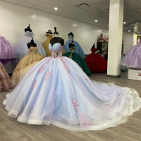 Sky Blue And Pink Lace Appliques Quinceanera Dress 2024 Sweetheart Ball Gown Charro Mexican Dress vestido de 15 Lace Up Puffy