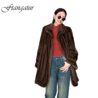 Ftangaiur Winter Coat For Women Import Velvet Mink Fur Coat Women's Flare Sleeve Turn-Down Collar Real Mink Fur Medium Coats