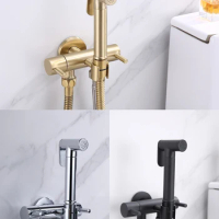 Bathroom Fixture 2 Handles Toilet Bidet Sprayer with Closet Water Connector Round Shattaf Set in Shine Chrome Black Gold Finish