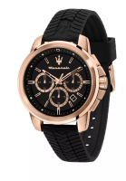 Maserati 【2年保養】 瑪莎拉蒂 Successo系列44mm 玫瑰金錶殼 男士黑色矽膠三眼計時石英手錶 -R8871621012