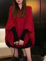 斗篷外套披肩披巾女  連帽斗篷披肩外套女秋冬蝙蝠袖毛衣針織罩衫