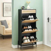 Natural Rattan Shoe Cabinet, Entryway Cabinet Wooden Shoe Rack with 3 Flip Drawers and1 Drawer, 3-Tier Adjustable Shelv