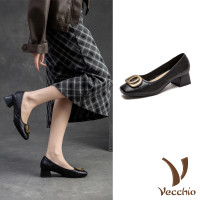 【Vecchio】真皮跟鞋 粗跟跟鞋/真皮羊皮小方頭金屬雙圈飾件粗跟鞋(黑)