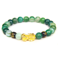 Green Striped Agates Beads Bracelet Feng Shui Pixiu Bracelets For Women Men Multicolor chalcedony Wristband Wealth Good Luck