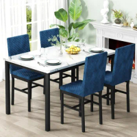 Marble Dining Table Set for 4, Faux Marble Table and 4 Velvet Upholstered Chairs for Kitchen or Dining Room, White &amp; Blue