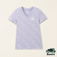 Roots女裝-海洋生活家系列 海洋元素有機竹節棉V領短袖T恤-薰衣草紫