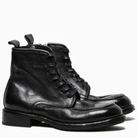 Autumn New Business Men Horsehide Work Safety Shoes Lace Up High Top Zipper Ankle Boots Motorcycle Riding Genuine Leather Boots
