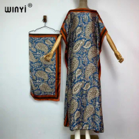 WINYI Summer Africa fashion print Dashiki kuwait Abaya Kaftan Elegant Lady Maxi Casual Dresses with belt Bohemian silk dress