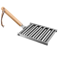 Hot Dog Roller Rack, Stainless Steel Outdoors BBQ Sausage Grill Pan With Long Wood Handle,New Barbecue Tools