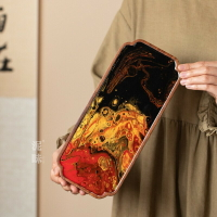 仿古大漆樹脂實木干泡茶盤家用簡約茶臺國風手繪托盤隔熱木盤