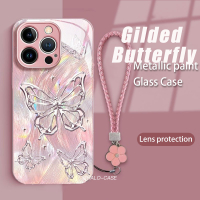 เคสสำหรับ iPhone 16 Pro Max 16Pro 16Plus เคสโทรศัพท์แบบแข็งเคสโครงอ่อนหลังกระจกพร้อม IP16ผีเสื้อสายค