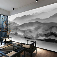 中式黑白水墨山水畫電視背景墻壁紙客廳影視墻紙壁畫茶室背景墻布