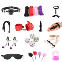 Hangcuffs Nipple Clamps Whip Open Mouth Gap Bdsm Bondage Gear Set Anal Plug Blindfold Sexy Lingerie Sex Toys for Couples Women