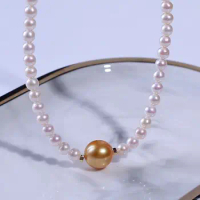 High Quality 12mm Thick Gold Seawater Nanyang Gold Bead+AK Pearl 5-6mm Luxury Low-Key Female Jewelry Wedding Party Gift Necklace