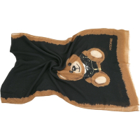 MOSCHINO 皮衣泰迪熊印花咖框黑色純羊毛披肩 圍巾(180x60)