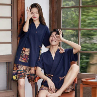 2pcs Yukata Spring Summer Japanese Kimono Women Pajamas Plus Size Home Service Sauna Homewear Love Man Couple Clothing