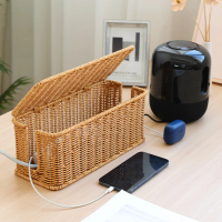【MGSHOP】仿藤編電源線收納盒 集線盒(手機電線收納 整理盒 插座收納)