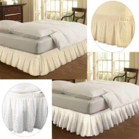 Bed Skirt Wrap Around Easy Fit Cotton Embroider Bed Frame Cover For Queen With Adjustable Elastic Belt, Fade Resistant Bed skirt