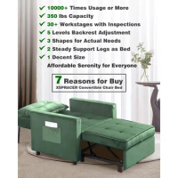 Convertible Chair Bed, Sleeper Chair Bed 3 in 1, Adjustable Recliner,Armchair, Sofa, Bed, Flannel, Dark Green, Single One