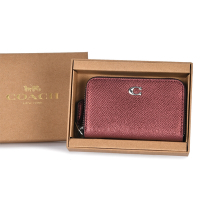 COACH 專櫃款 金屬 C字標誌珠光荔枝紋防刮皮革多卡證件夾零錢包禮盒-酒紅色