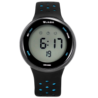 JAGA 捷卡 電子運動 倒數計時 計時碼錶 鬧鈴 防水100米 透氣矽膠手錶 黑藍色 43mm(M1185-AE)