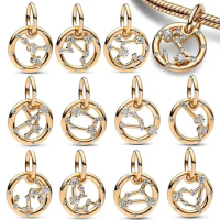 Golden 12 Star Zodiac Dangle Charm Constellation Sign Bead 925 Sterling Silver Fit Original Pandora Bracelet Bangle Jewelry Gift