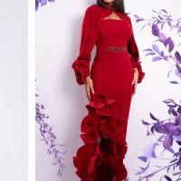 Rubine 2-piece Prom Dresses 2023 Arabia Long Sleeves Ruffles Mermaid Side Split Women Evening Dresses Elegant Formal Party Gown
