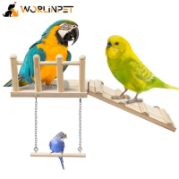 Bird Perches Platform Swing with Climbing Ladder, Parakeet Cage Accessories Wooden Playing Gyms Exercise Sturdy for Small Birds