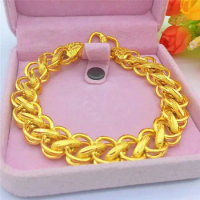 24k Pure Gold Color Fried Dough Twist Bracelet for Men 999 Gold Bracelet Bangle Wedding Birthday Party Fine Jewelry Gifts