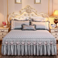 3PCS/Set Princess Bedding Solid Ruffled Bed Skirt Pillowcases Lace Bed Sheets Mattress Cover King Queen Full Twin Size BedCover