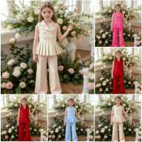 Baby girl outfit Set 3-8 Years Old Fashion beige Solid Color Sleeveless Turn-Down Collar dress top+ 