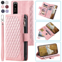 Fashion Zipper Wallet Case For Sony Xperia 1 III Flip Cover Multi Card Slots Cover Phone Case Card Slot Folio with Wrist Strap