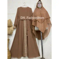 Gamis Ceruty Babydoll Kode SRT / Gamis Syari Ceruty Set Khimar Variasi Renda Tengah dan Tangan