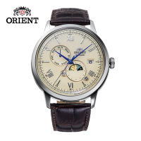 ORIENT 東方錶 SUN&amp;MOON系列 羅馬數字日月相錶 皮帶款 RA-AK0803Y 米色